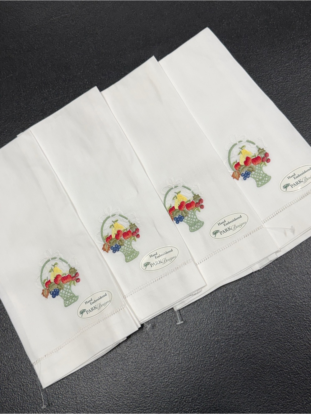 Park Designs White Hand Towels with Fruit Basket Embroidery - Set of 4
